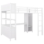 Lit mezzanine pleine grandeur en métal, bureau en L, armoire, 4 casiers de rangement, garde-corps, métal et MDF, blanc cassé, usage individuel