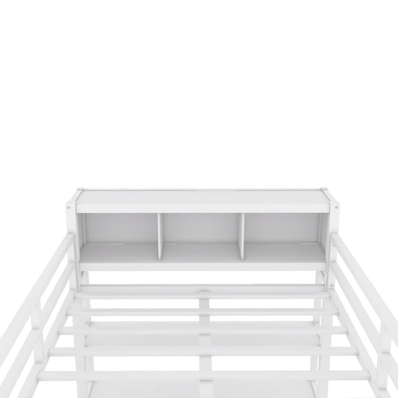 Lit mezzanine pleine grandeur en métal, bureau en L, armoire, 4 casiers de rangement, garde-corps, métal et MDF, blanc cassé, usage individuel