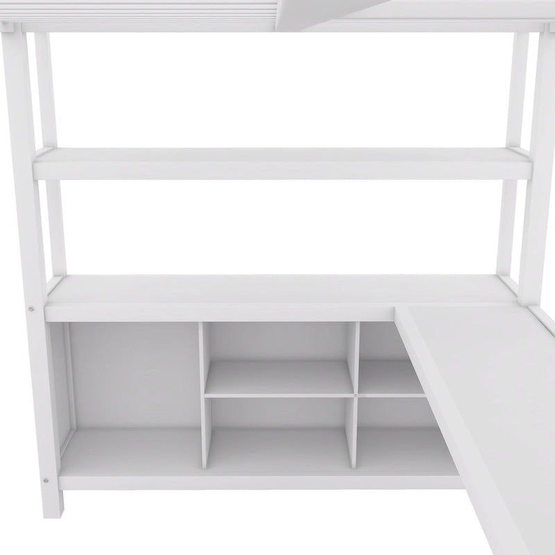 Lit mezzanine pleine grandeur en métal, bureau en L, armoire, 4 casiers de rangement, garde-corps, métal et MDF, blanc cassé, usage individuel