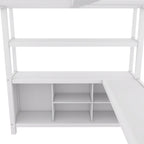 Lit mezzanine pleine grandeur en métal, bureau en L, armoire, 4 casiers de rangement, garde-corps, métal et MDF, blanc cassé, usage individuel