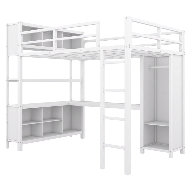 Lit mezzanine pleine grandeur en métal, bureau en L, armoire, 4 casiers de rangement, garde-corps, métal et MDF, blanc cassé, usage individuel