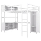 Lit mezzanine pleine grandeur en métal, bureau en L, armoire, 4 casiers de rangement, garde-corps, métal et MDF, blanc cassé, usage individuel