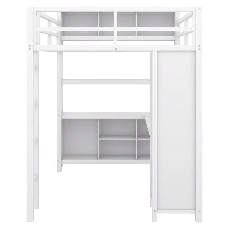 Lit mezzanine pleine grandeur en métal, bureau en L, armoire, 4 casiers de rangement, garde-corps, métal et MDF, blanc cassé, usage individuel