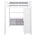 Lit mezzanine pleine grandeur en métal, bureau en L, armoire, 4 casiers de rangement, garde-corps, métal et MDF, blanc cassé, usage individuel