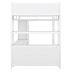 Lit mezzanine pleine grandeur en métal, bureau en L, armoire, 4 casiers de rangement, garde-corps, métal et MDF, blanc cassé, usage individuel