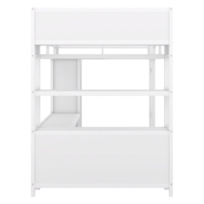 Lit mezzanine pleine grandeur en métal, bureau en L, armoire, 4 casiers de rangement, garde-corps, métal et MDF, blanc cassé, usage individuel