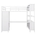 Lit mezzanine pleine grandeur en métal, bureau en L, armoire, 4 casiers de rangement, garde-corps, métal et MDF, blanc cassé, usage individuel