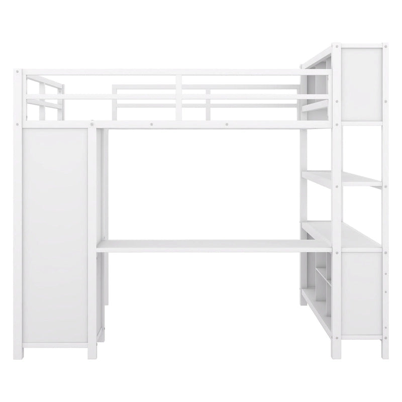 Lit mezzanine pleine grandeur en métal, bureau en L, armoire, 4 casiers de rangement, garde-corps, métal et MDF, blanc cassé, usage individuel