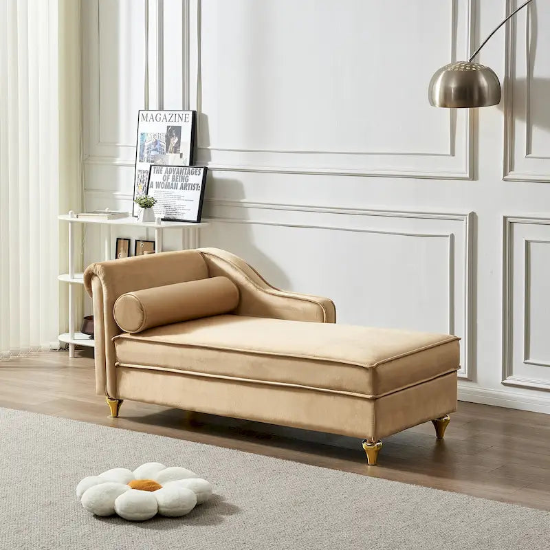 Chauffeuse, Velours, Rangement sous l'assise, Accoudoir rond, Pieds en métal doré, Cadre mousse et ressorts, Kaki, 1 place