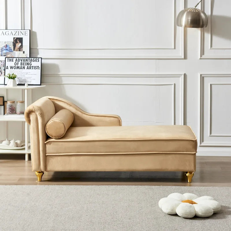 Chauffeuse, Velours, Rangement sous l'assise, Accoudoir rond, Pieds en métal doré, Cadre mousse et ressorts, Kaki, 1 place