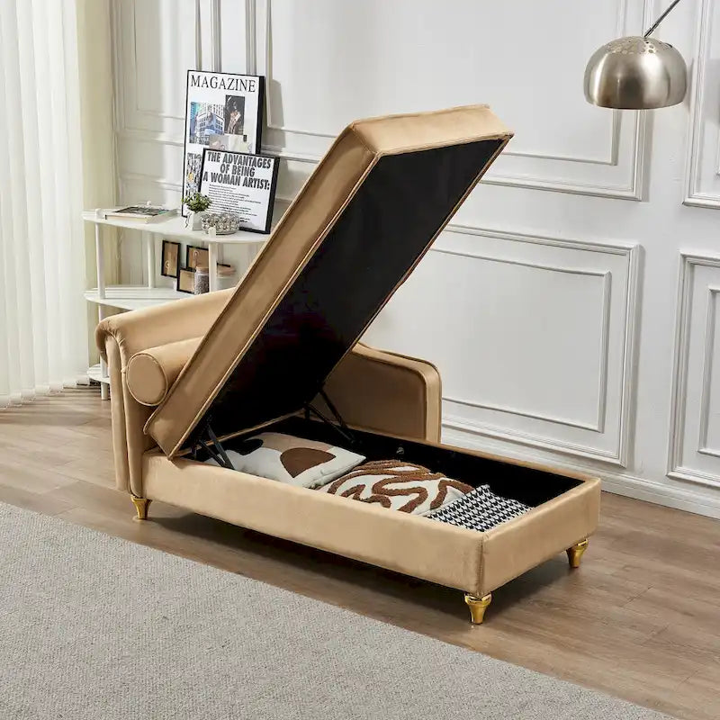 Chauffeuse, Velours, Rangement sous l'assise, Accoudoir rond, Pieds en métal doré, Cadre mousse et ressorts, Kaki, 1 place