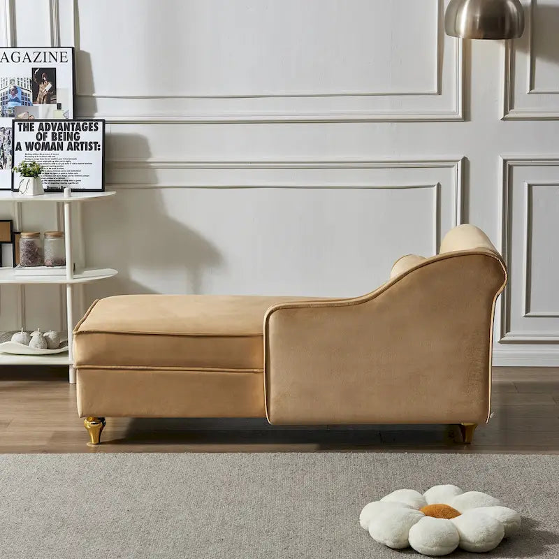 Chauffeuse, Velours, Rangement sous l'assise, Accoudoir rond, Pieds en métal doré, Cadre mousse et ressorts, Kaki, 1 place