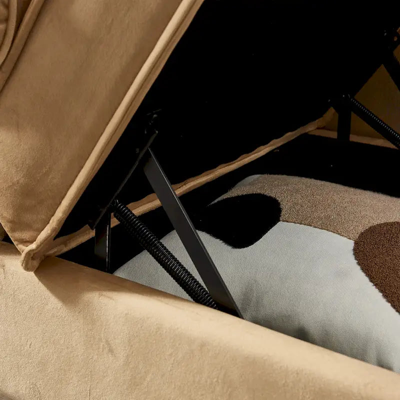 Chauffeuse, Velours, Rangement sous l'assise, Accoudoir rond, Pieds en métal doré, Cadre mousse et ressorts, Kaki, 1 place
