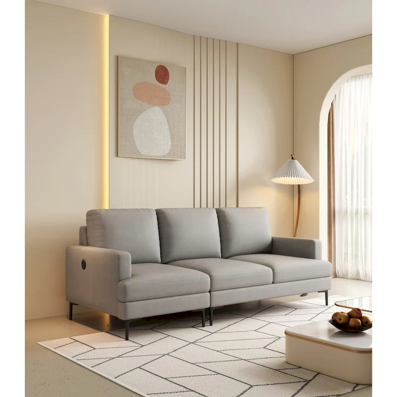 Canapé 3 places en cuir véritable pleine fleur, pieds en métal noir, chargeur USB sur les accoudoirs, gris clair, pour 3 personnes