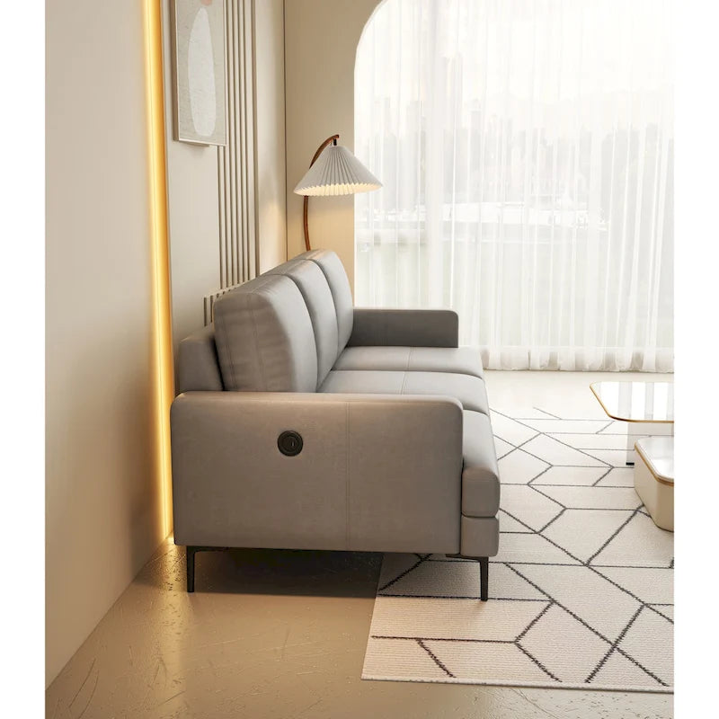 Canapé 3 places en cuir véritable pleine fleur, pieds en métal noir, chargeur USB sur les accoudoirs, gris clair, pour 3 personnes