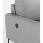 Canapé 3 places en cuir véritable pleine fleur, pieds en métal noir, chargeur USB sur les accoudoirs, gris clair, pour 3 personnes
