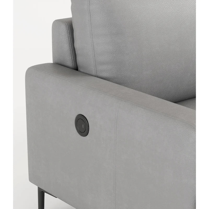 Canapé 3 places en cuir véritable pleine fleur, pieds en métal noir, chargeur USB sur les accoudoirs, gris clair, pour 3 personnes