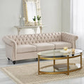 Canapé 3 places Chesterfield, capitonné, accoudoirs arrondis, garniture cloutée, dossier bas, beige, 3 personnes