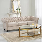 Canapé 3 places Chesterfield, capitonné, accoudoirs arrondis, garniture cloutée, dossier bas, beige, 3 personnes