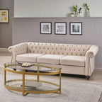 Canapé 3 places Chesterfield, capitonné, accoudoirs arrondis, garniture cloutée, dossier bas, beige, 3 personnes