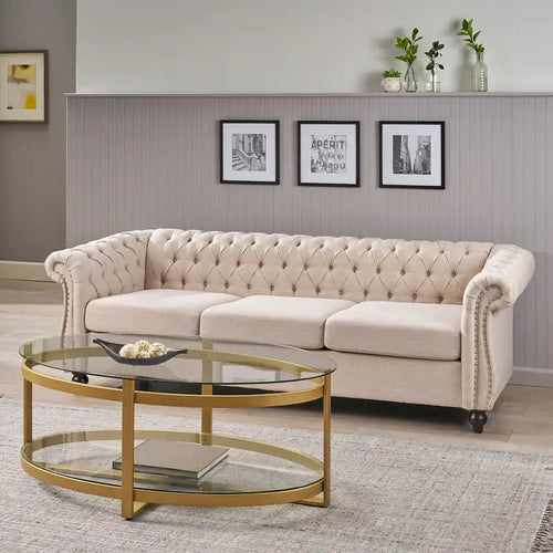Canapé 3 places Chesterfield, capitonné, accoudoirs arrondis, garniture cloutée, dossier bas, beige, 3 personnes