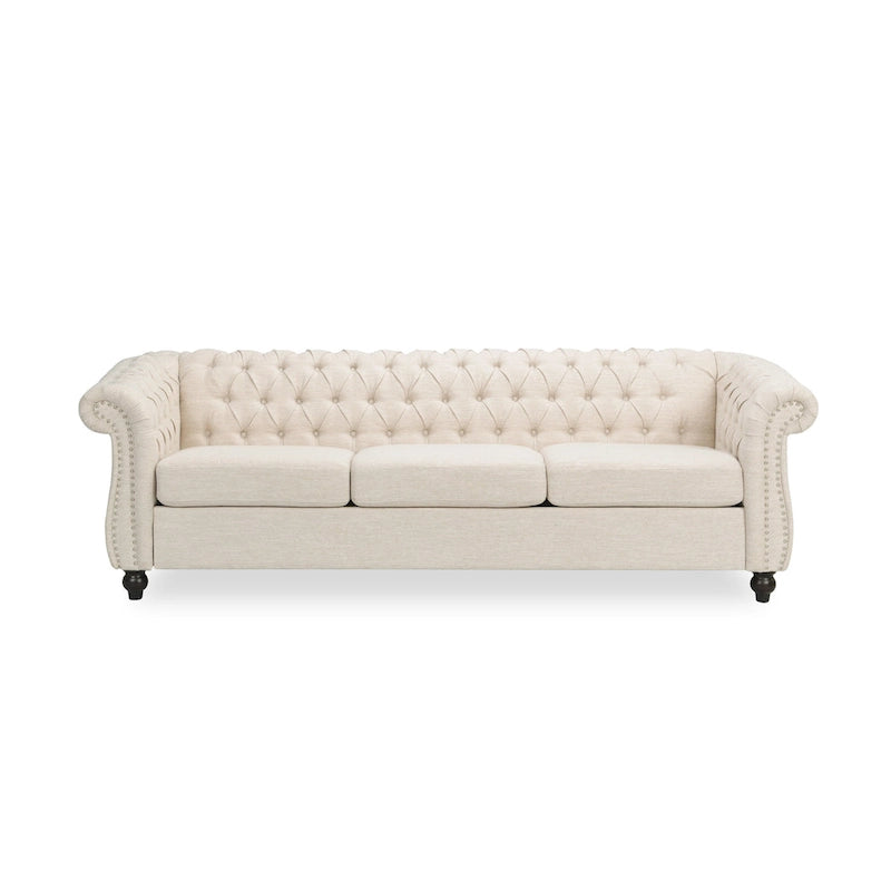 Canapé 3 places Chesterfield, capitonné, accoudoirs arrondis, garniture cloutée, dossier bas, beige, 3 personnes
