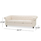 Canapé 3 places Chesterfield, capitonné, accoudoirs arrondis, garniture cloutée, dossier bas, beige, 3 personnes