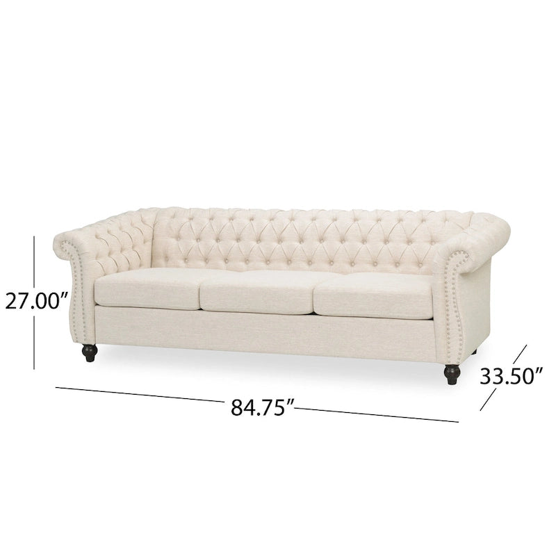 Canapé 3 places Chesterfield, capitonné, accoudoirs arrondis, garniture cloutée, dossier bas, beige, 3 personnes