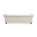 Canapé 3 places Chesterfield, capitonné, accoudoirs arrondis, garniture cloutée, dossier bas, beige, 3 personnes