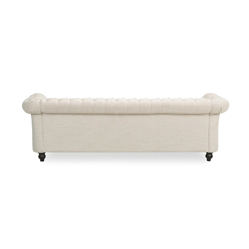 Canapé 3 places Chesterfield, capitonné, accoudoirs arrondis, garniture cloutée, dossier bas, beige, 3 personnes