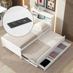 Lit plateforme, tête de lit à 4 étagères, 3 tiroirs, lit gigogne simple, 2 ports USB, pin et MDF, gris/blanc, lit simple/double, pour 2 personnes