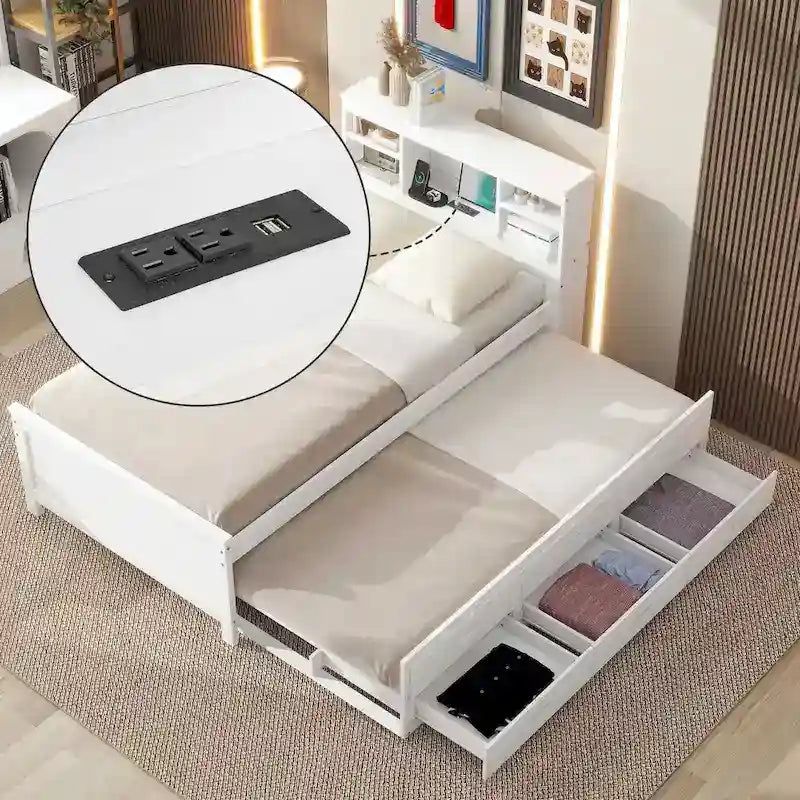 Lit plateforme, tête de lit à 4 étagères, 3 tiroirs, lit gigogne simple, 2 ports USB, pin et MDF, gris/blanc, lit simple/double, pour 2 personnes