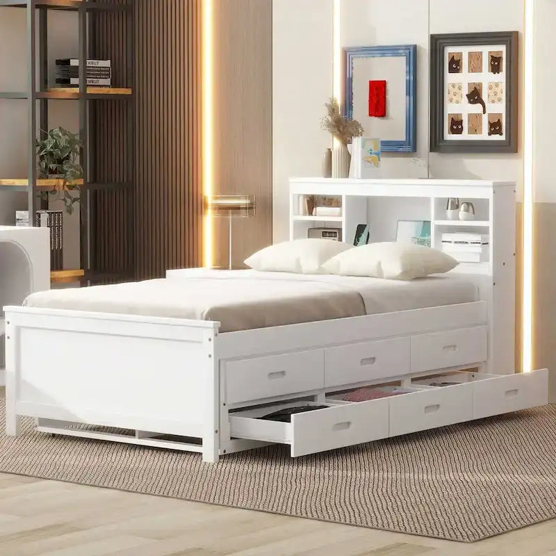 Lit plateforme, tête de lit à 4 étagères, 3 tiroirs, lit gigogne simple, 2 ports USB, pin et MDF, gris/blanc, lit simple/double, pour 2 personnes