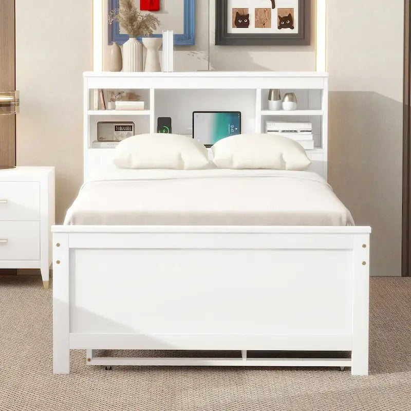Lit plateforme, tête de lit à 4 étagères, 3 tiroirs, lit gigogne simple, 2 ports USB, pin et MDF, gris/blanc, lit simple/double, pour 2 personnes