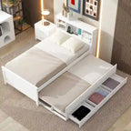 Lit plateforme, tête de lit à 4 étagères, 3 tiroirs, lit gigogne simple, 2 ports USB, pin et MDF, gris/blanc, lit simple/double, pour 2 personnes