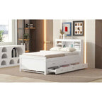 Lit plateforme, tête de lit à 4 étagères, 3 tiroirs, lit gigogne simple, 2 ports USB, pin et MDF, gris/blanc, lit simple/double, pour 2 personnes