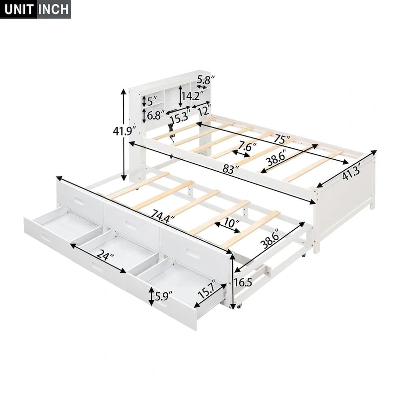 Lit plateforme, tête de lit à 4 étagères, 3 tiroirs, lit gigogne simple, 2 ports USB, pin et MDF, gris/blanc, lit simple/double, pour 2 personnes
