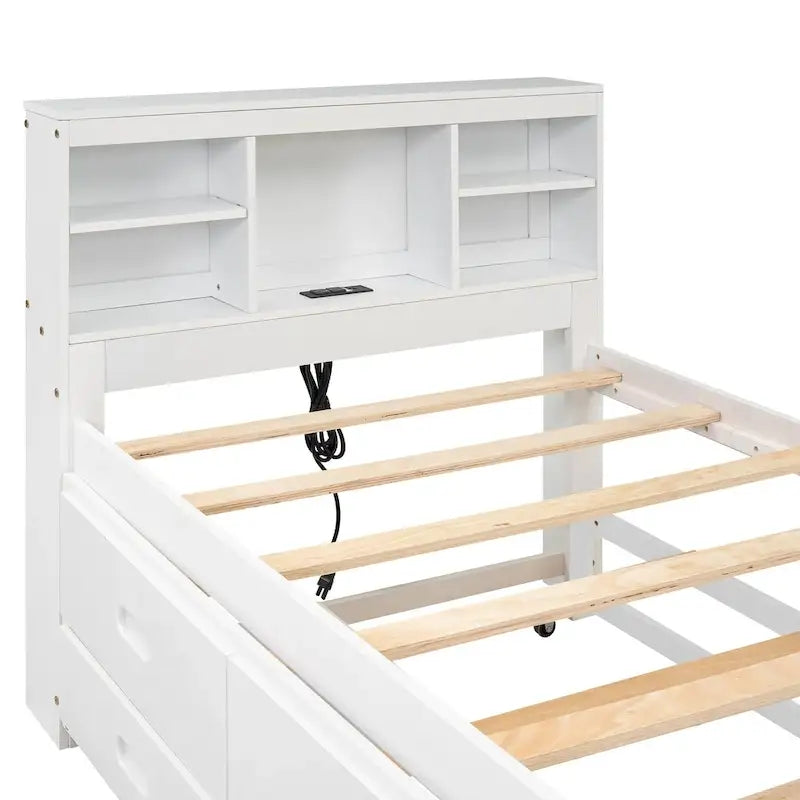 Lit plateforme, tête de lit à 4 étagères, 3 tiroirs, lit gigogne simple, 2 ports USB, pin et MDF, gris/blanc, lit simple/double, pour 2 personnes