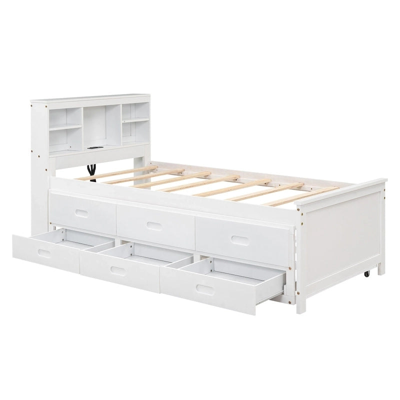 Lit plateforme, tête de lit à 4 étagères, 3 tiroirs, lit gigogne simple, 2 ports USB, pin et MDF, gris/blanc, lit simple/double, pour 2 personnes