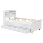 Lit plateforme, tête de lit à 4 étagères, 3 tiroirs, lit gigogne simple, 2 ports USB, pin et MDF, gris/blanc, lit simple/double, pour 2 personnes