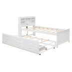 Lit plateforme, tête de lit à 4 étagères, 3 tiroirs, lit gigogne simple, 2 ports USB, pin et MDF, gris/blanc, lit simple/double, pour 2 personnes