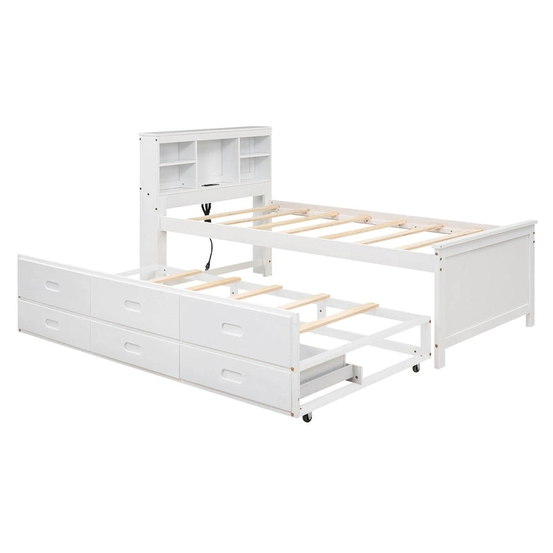 Lit plateforme, tête de lit à 4 étagères, 3 tiroirs, lit gigogne simple, 2 ports USB, pin et MDF, gris/blanc, lit simple/double, pour 2 personnes