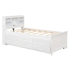 Lit plateforme, tête de lit à 4 étagères, 3 tiroirs, lit gigogne simple, 2 ports USB, pin et MDF, gris/blanc, lit simple/double, pour 2 personnes