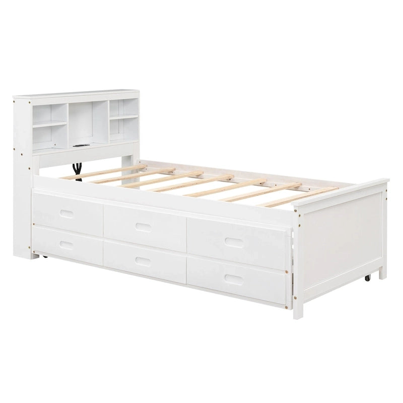 Lit plateforme, tête de lit à 4 étagères, 3 tiroirs, lit gigogne simple, 2 ports USB, pin et MDF, gris/blanc, lit simple/double, pour 2 personnes