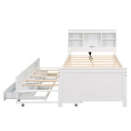 Lit plateforme, tête de lit à 4 étagères, 3 tiroirs, lit gigogne simple, 2 ports USB, pin et MDF, gris/blanc, lit simple/double, pour 2 personnes
