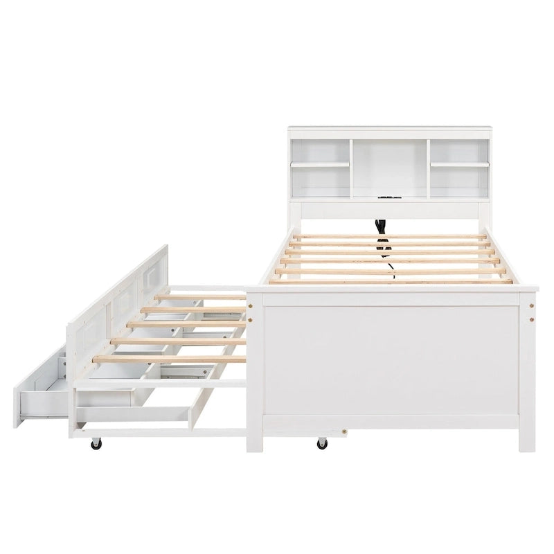 Lit plateforme, tête de lit à 4 étagères, 3 tiroirs, lit gigogne simple, 2 ports USB, pin et MDF, gris/blanc, lit simple/double, pour 2 personnes