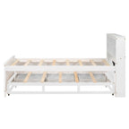 Lit plateforme, tête de lit à 4 étagères, 3 tiroirs, lit gigogne simple, 2 ports USB, pin et MDF, gris/blanc, lit simple/double, pour 2 personnes