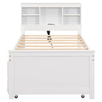 Lit plateforme, tête de lit à 4 étagères, 3 tiroirs, lit gigogne simple, 2 ports USB, pin et MDF, gris/blanc, lit simple/double, pour 2 personnes