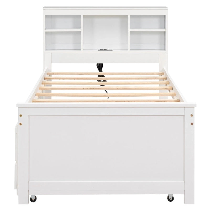 Lit plateforme, tête de lit à 4 étagères, 3 tiroirs, lit gigogne simple, 2 ports USB, pin et MDF, gris/blanc, lit simple/double, pour 2 personnes