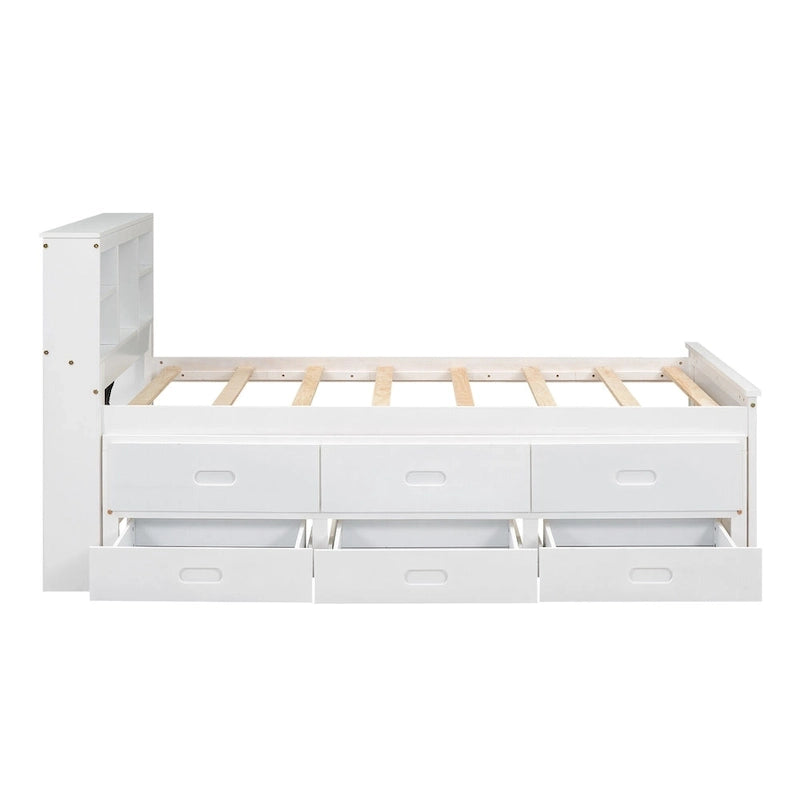 Lit plateforme, tête de lit à 4 étagères, 3 tiroirs, lit gigogne simple, 2 ports USB, pin et MDF, gris/blanc, lit simple/double, pour 2 personnes
